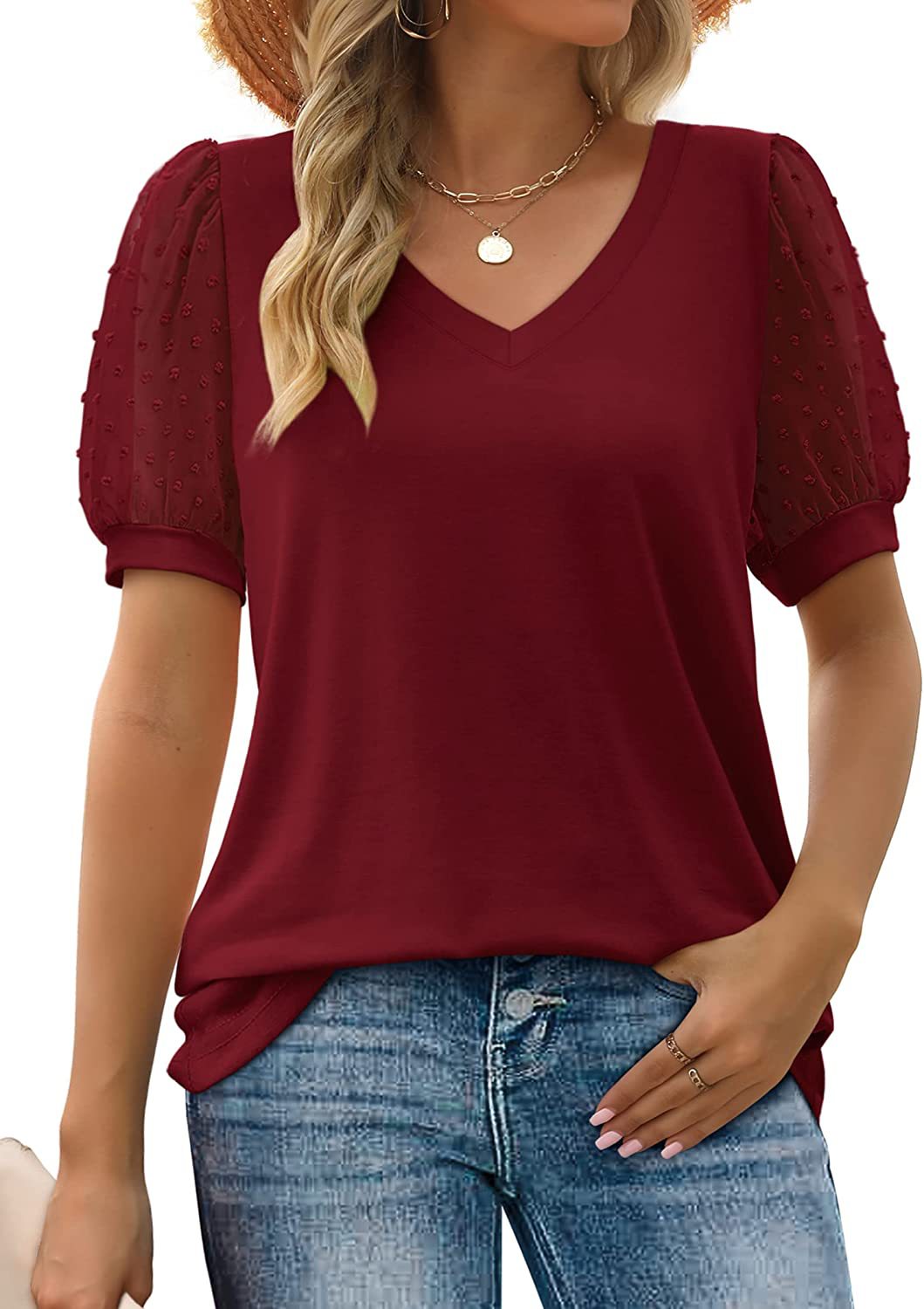 Lilia – Blouse with textured sleeves and V-neck