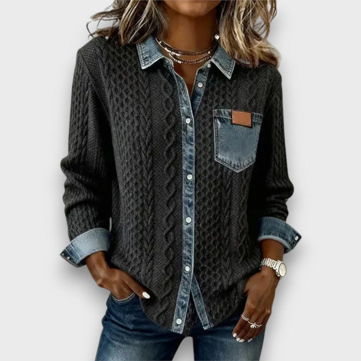 Ambria – Patchwork Knit Top with Denim Details